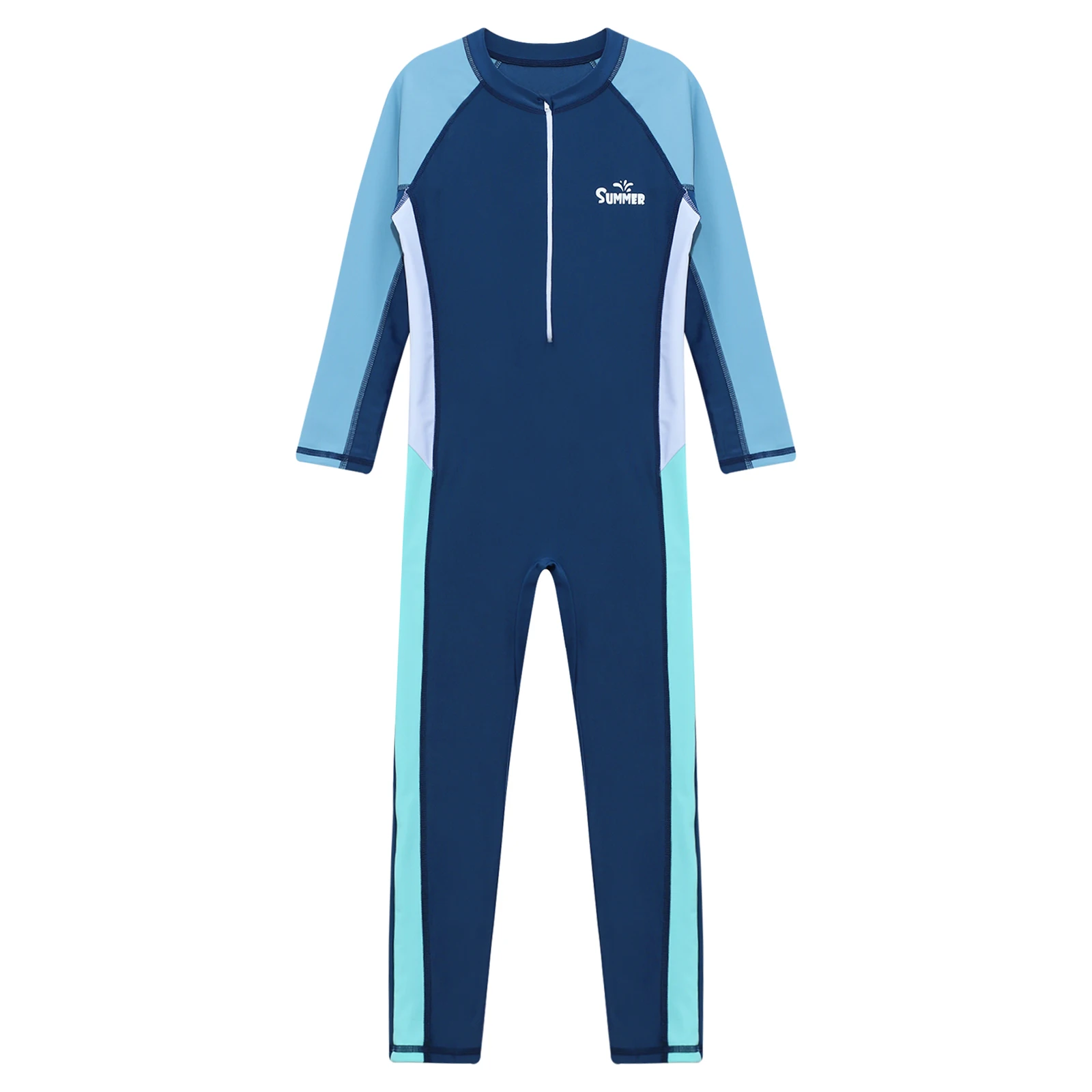 Kids Sport Swimsuit Boys Full Body Swimwear One-piece Long Sleeve Color Contrast Patchwork Front Zipper UPF 50+ Rash Guard