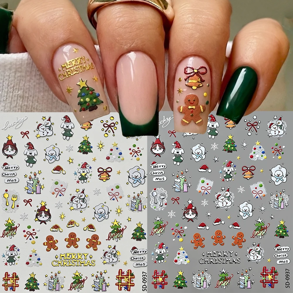 2pcs 5D Gold Silver Merry Christmas Nail Art Stickers Cartoon Santa Puppy Snowman Gingerbread Man Christmas Tree Manicure Decals