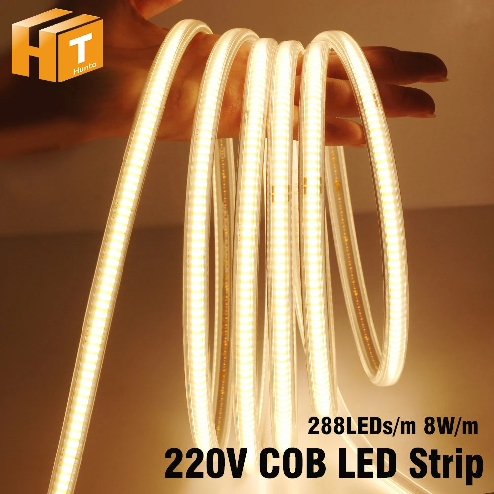 

AC220V COB LED Strip High Density Flexible IP67 Waterproof 288 LEDs/M 9W/M High Brightness 3000K 4000K 6000K