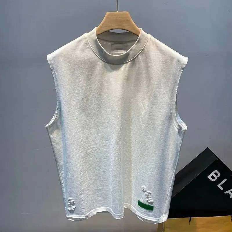 Summer Men's Casual Sleeveless Vest Retro Solid Color Round Neck Hole Break Loose Tees High Street Fitness Running Sports Shirt