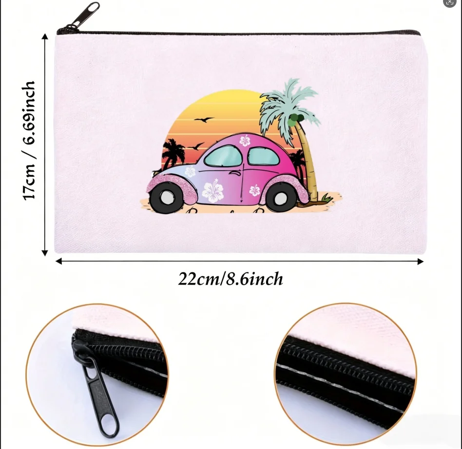 1PC Beach Retro Car Sunset Print Canvas Cosmetic Zipper Storage Pouch