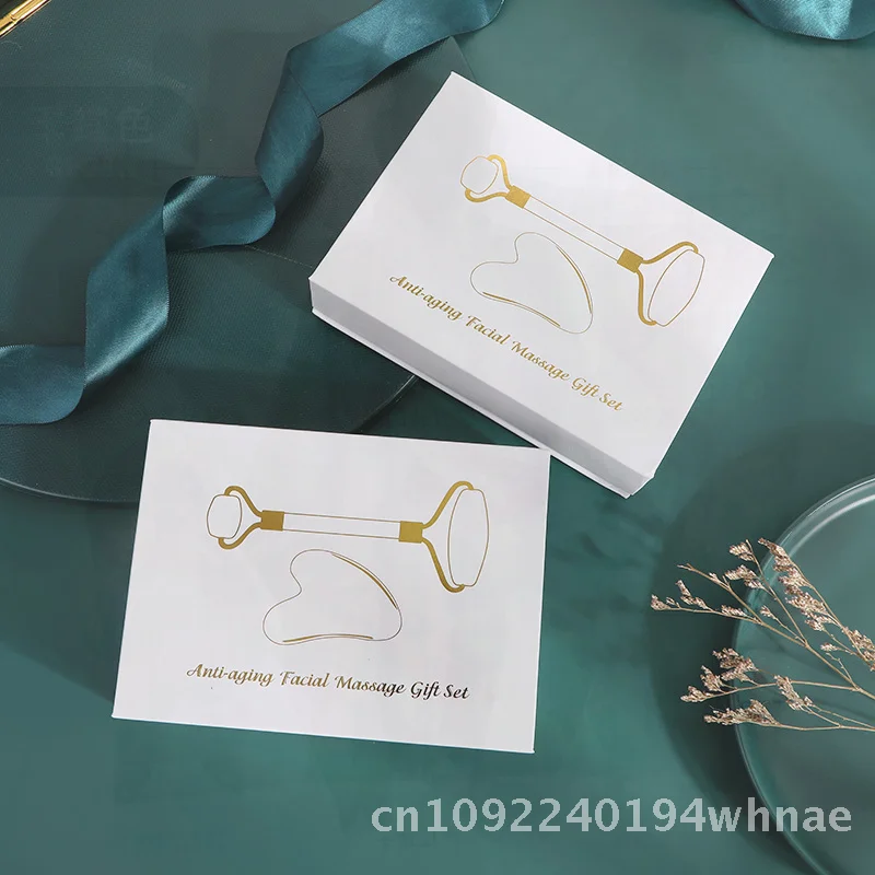 Jade Roller Set for Facial Massage Metal Manual Beauty Massager with Gift Box Emerald Green Jet Black Off-White Pink Transparent