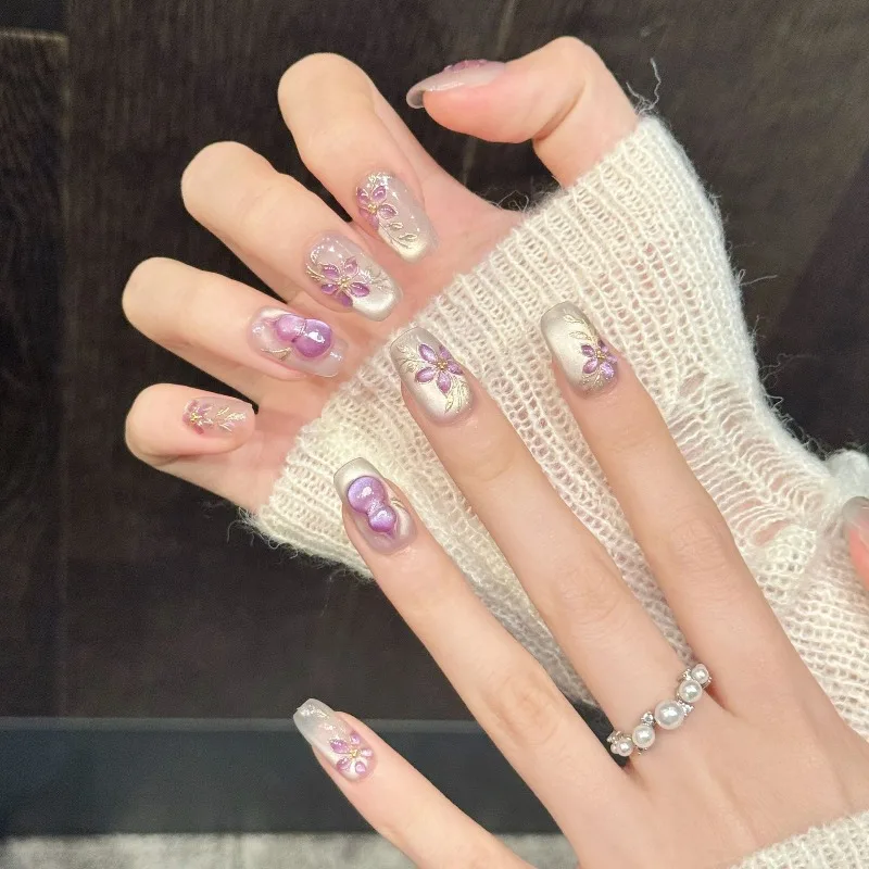 10pcs Handmade Nail Tips Featuring A Delicate 3D Purple Gourd Design with A Cat's-eye Pattern These Flexible Press-on Nail Tips