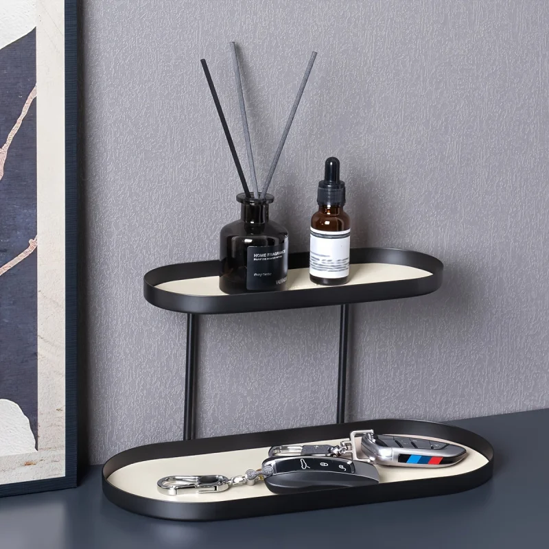 Simple Iron Art Double-Layer Oval Storage Box with Faux Leather Pad, Cosmetic Jewelry Key Organizer Rack, Desktop Organizer