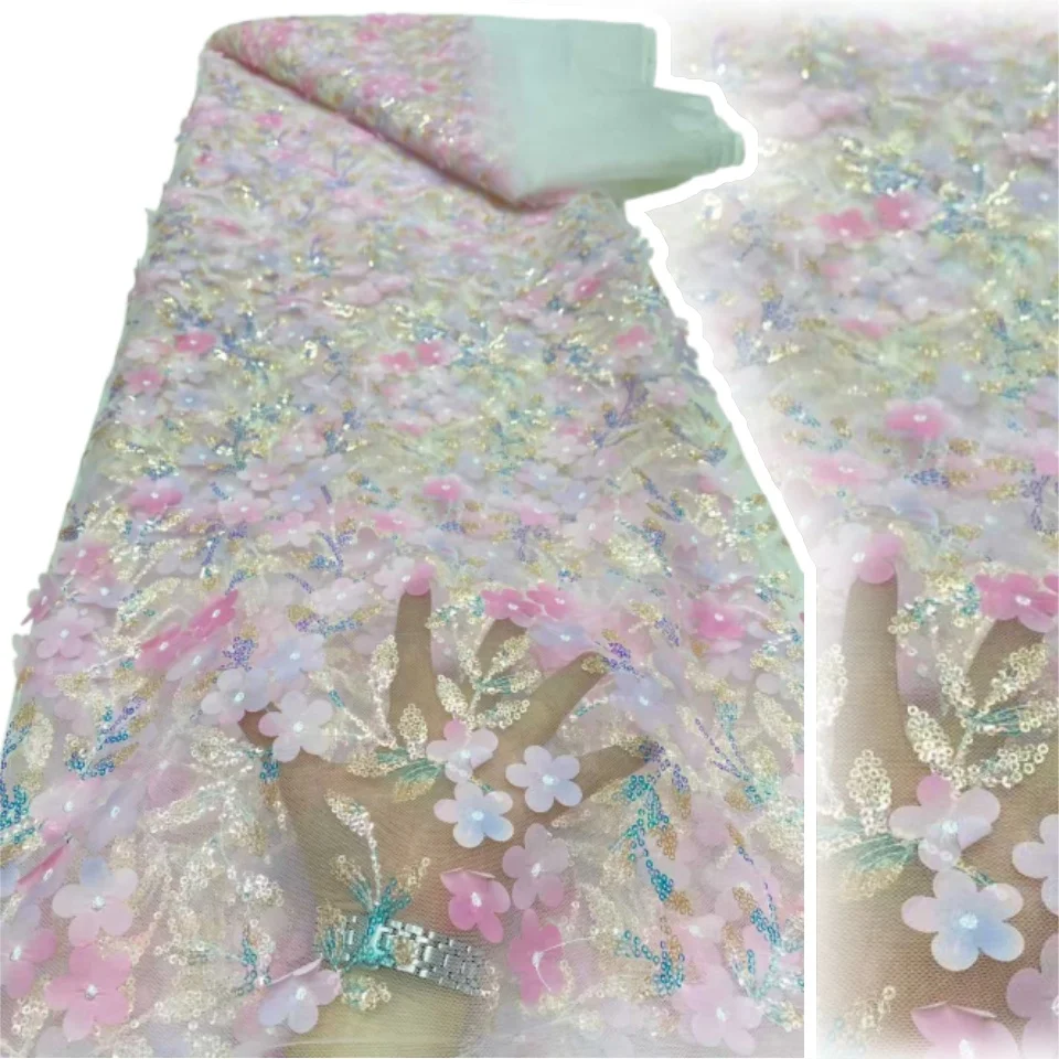 3D Flowers Applications for Clothing High Quality Tulle Lace French Nigerian Net Lace Fabric for Sewing Wedding Dresses TP1492