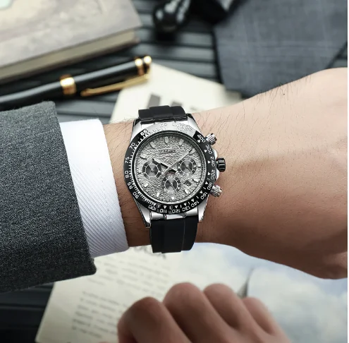 Business Men's Fully Automatic Mechanical Watch Silicone Strap Social Leisure Waterproof Calendar Night Light Clock Men's Watch
