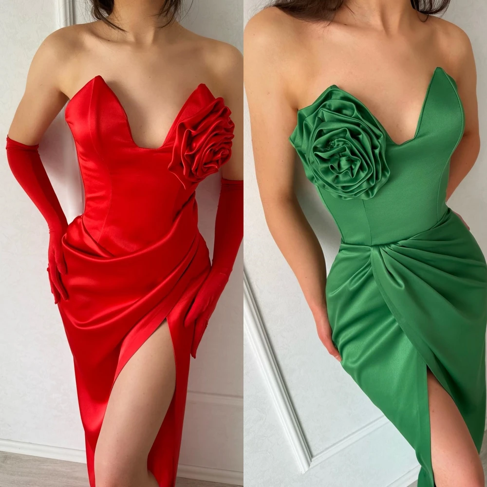 

Jiayigong High Quality Sparkle Satin Flower Pleat Valentine's Day A-line Strapless Bespoke Occasion Gown Midi Dresses