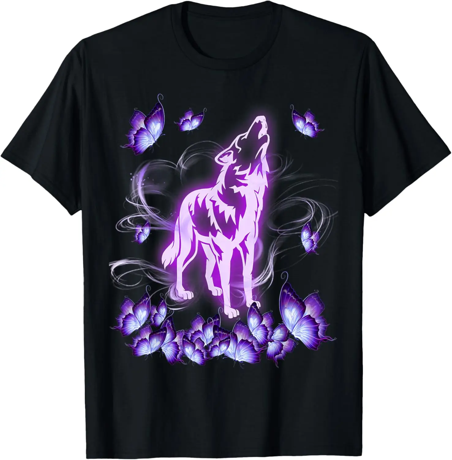 Glowing Wolf Howling Butterfly Graphic Tee Soft Cotton Round Neck T-Shirt for Men