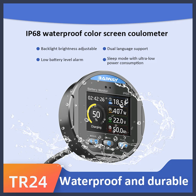TR24 IP68 Waterproof Coulomb Meter 50A 100A 350A Battery Capacity Tester with Backlight Brightness Adjustable/Low Battery Alarm