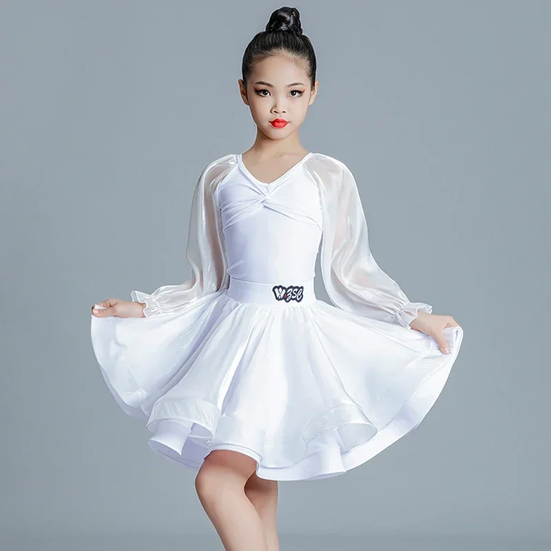 Vestido de baile latino con mangas abullonadas blancas, vestidos de competición de baile de salón latino para niñas, ropa de baile para niños, ropa de práctica