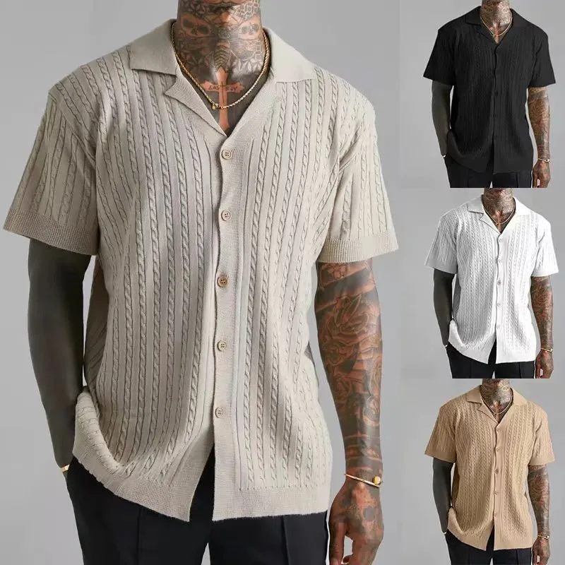 

Men's Knitted Short-Sleeved Shirts Summer Fashion Twist Jacquard Knitwear Solid Color Casual Lapel Button Cardigan T-Shirt Tops