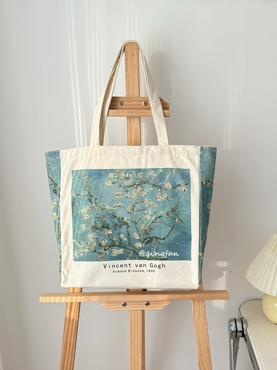 

Van Gogh's blooming apricot oil painting canvas bag, environmentally friendly large-capacity shoulder student schoolbag,