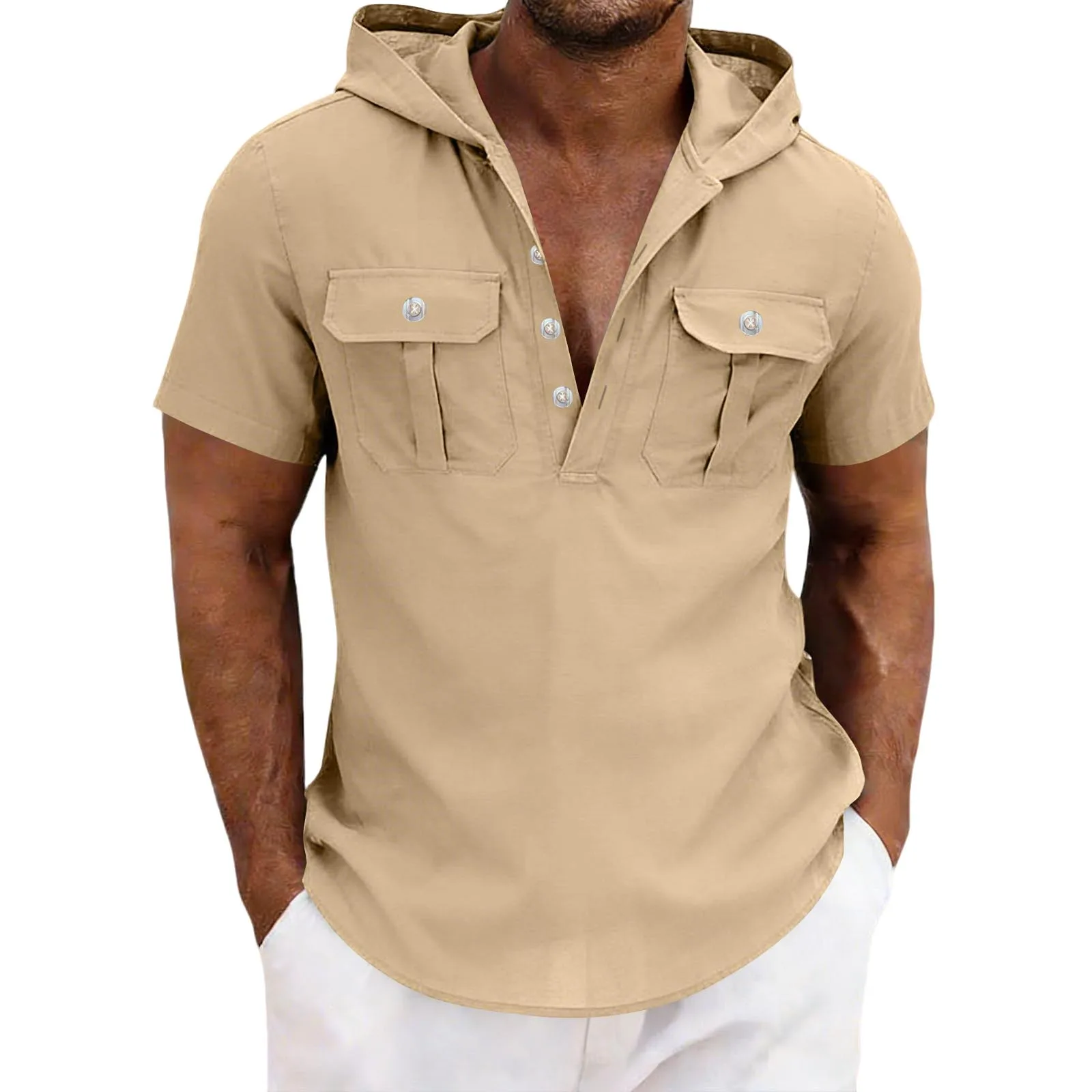 Men's Hooded Henley T-Shirt Black Short Sleeve Casual Top with Double Chest Pockets and Drawstring Hood