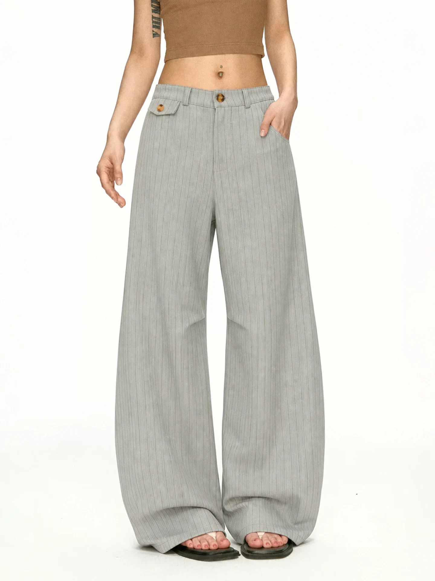 Grey Stripe Knife  Wide Leg Suit Pants for Women Casual Loose Commute Versatile Drapey Comfortable Autumn Season Polyeste...