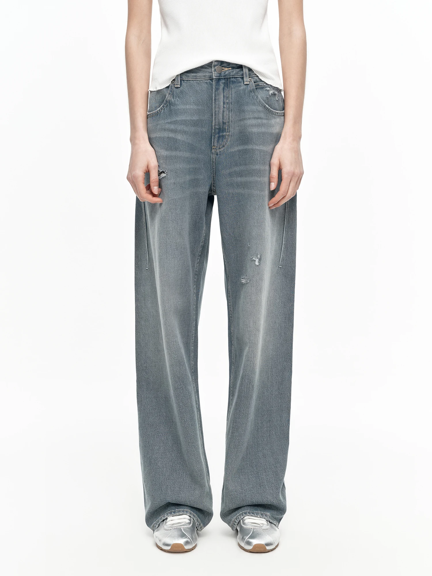 

High Waist Straight Leg Jeans Women's High Waist Water Waed Faded Cotton Denim Pants with Hole Patches Casual Commute Sle
