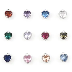 2PCs Birthstone Charms 12 Colors Heart Silver Color Pendants For Necklace Bracelet Jewelry Making Diy Rhinestone Beads 8x6.5mm