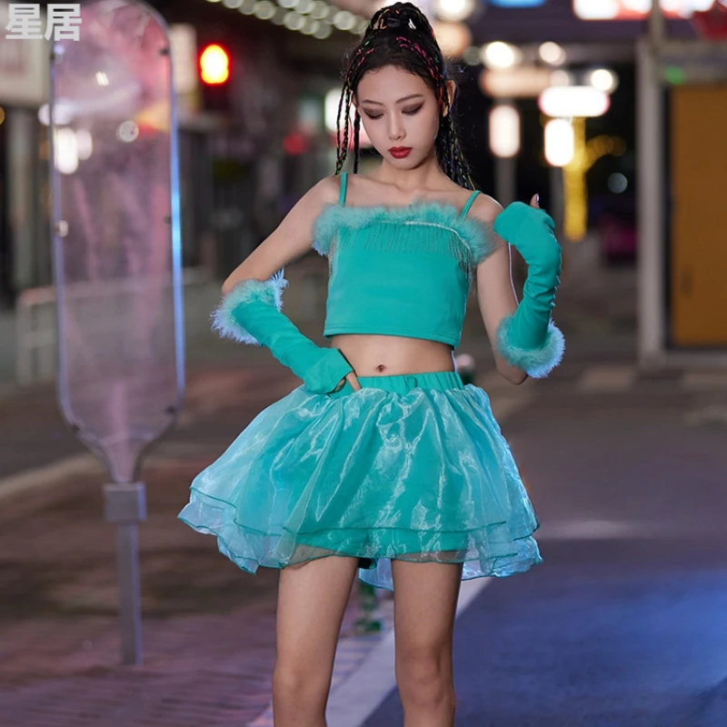 2024 Jazz Dance Costumes Girls Blue Off-Shoulder Tops Mesh Skirts Suit Streetwear Children Festivals Hip Hop Dance Stage Clothes