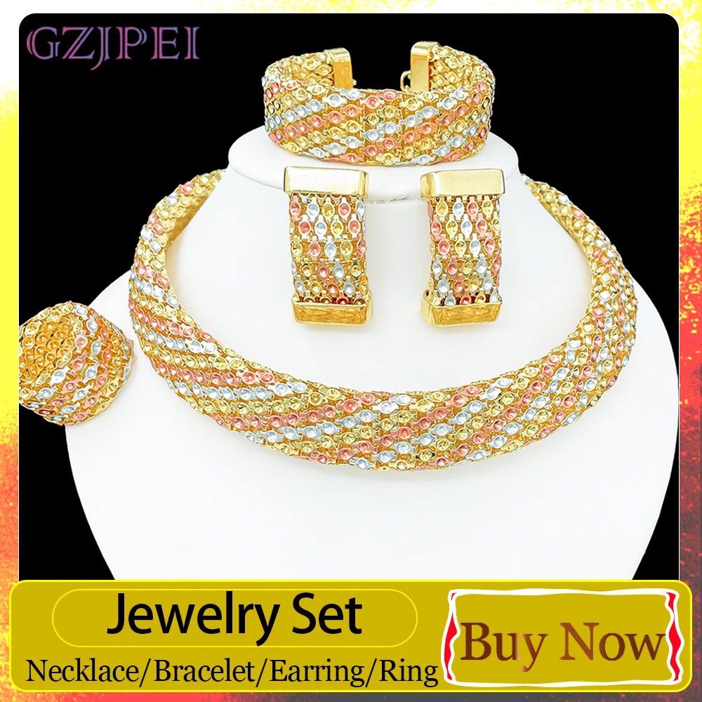 GZJPEI 2026 New Braided Mesh Texture Jewelry Set Dubai Bridal Wedding Luxury Tri-color Jewelry For Women & Mother Birthday Gifts