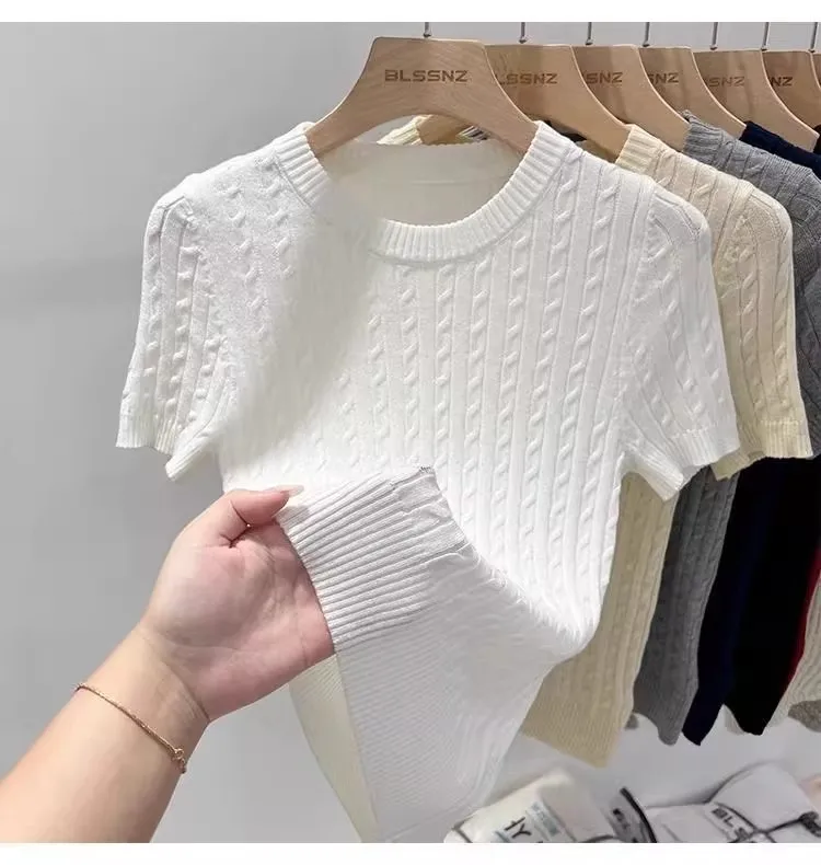Zjaiss 2026 Summer Korean Retro Elegant Texture Short Sleeve O-Neck Twist Knit Top Women Soft Casual Versatile Thin T-shirt