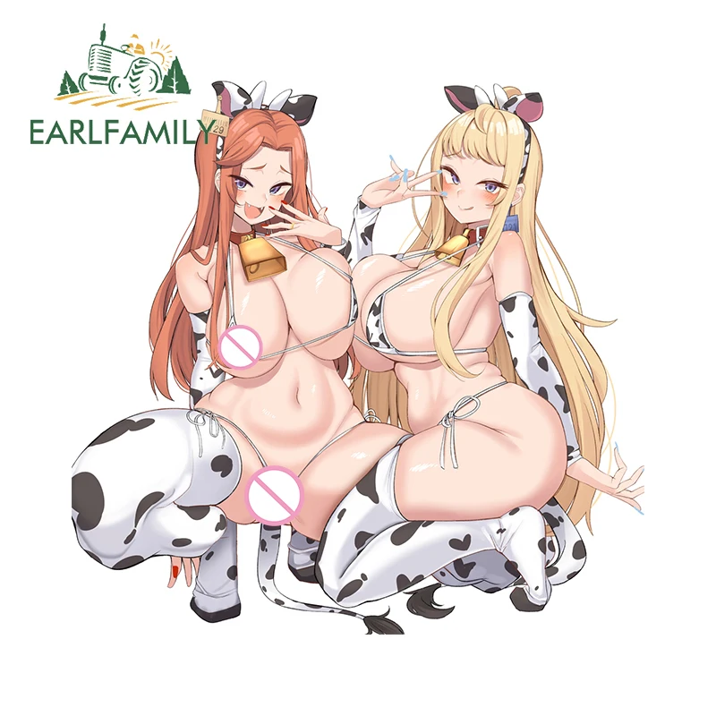 EARLFAMILY 13cm x 12.6cm Cow Girls Stickers Boobs Against NSFW Waifu Bikini Hentai Decals Ahegao Car Accessories Vinyl Decor