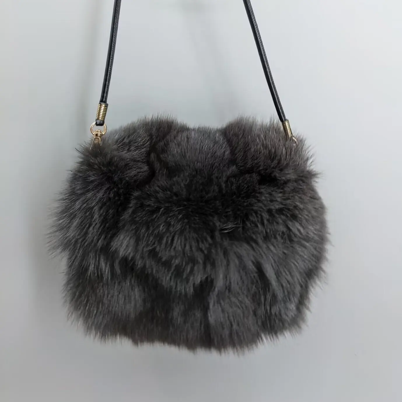 Women Dark Gray Real Fox Fur Mini Phone Bag Thin Chain Crossbody Fluffy Fur Small Shoulder Purse 24A1181