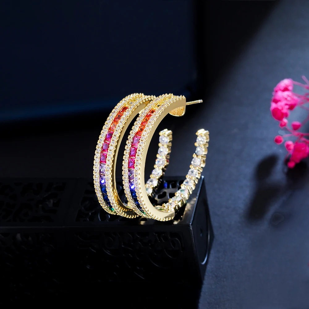 CWWZircons Trendige Bunte Regenbogen-Kubikzirkonia Große Goldfarbene Runde Creolen für Frauen Boho Alltag Party Schmuck E0813 – Detail 7