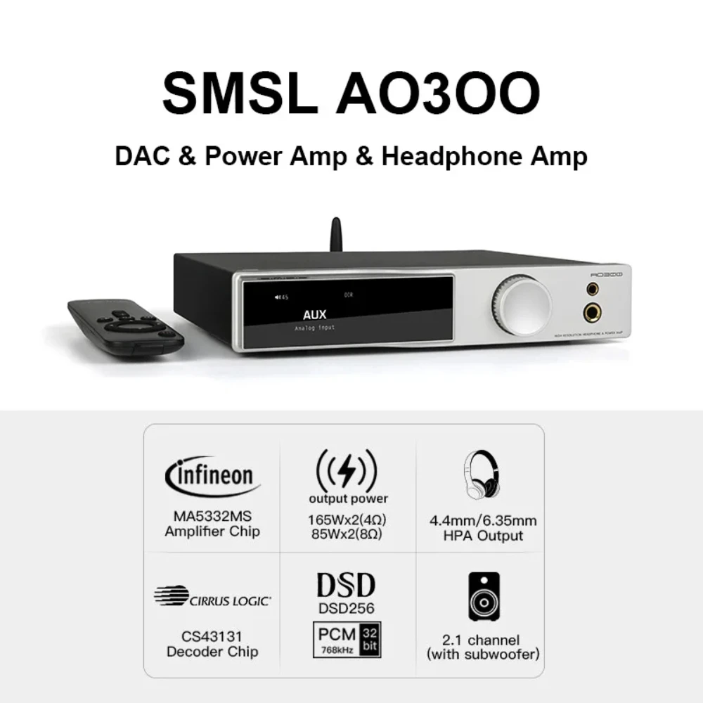 SMSL AO300 Power Amplifier & Headphone AMP & Decoder MA5332MS MQA-CD Audio DAC CS43131 Headphone Amplifier XMOS XU-316 2.1 HIFI