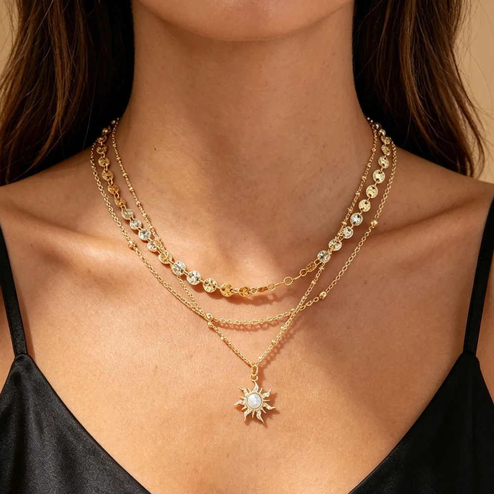 3pcs Exquisite Sun Pendant Necklace Set for Women Includes Disc and Bead Chain Multi-Layer Wearable Female Daily Fashion Jewelry