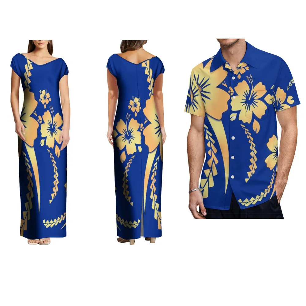 

Polynesian Couple Set Summer Party Dress Samoan Hawaiian Fijian Tribal Patterned Printed Women'S Dress Men'S Shirt