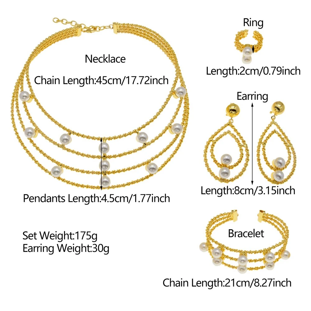 

High-end Brazilian gilded white pearl bride jewelry set, elegant teardrop earrings, Nigerian bridesmaid's gift