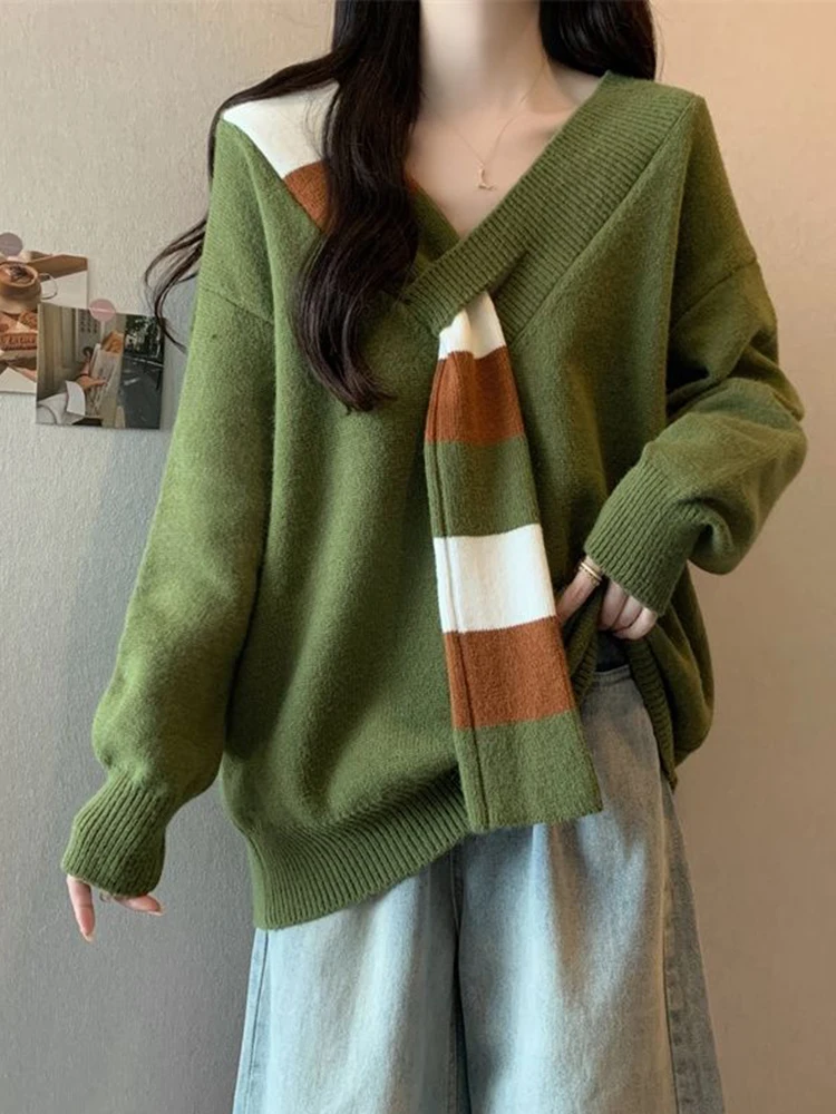 

Preppy Style V Neck Sweaters Women Lazy Wind Long Sleeve Design Knitted Tops Casual Loose Korean Fall Winter Soft Cute Jumpers