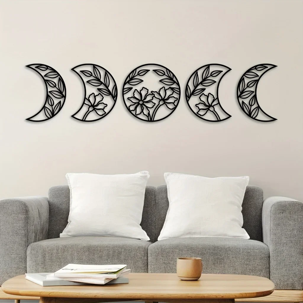 5pcs Metal Iron Moon Phase Home Decor Flower Leaf Wall Hanging Art Decor Moon Phase Nordic Decoration Wall Mounted Ornament