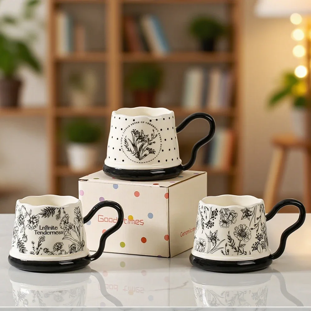Contrast Color Ceramic Cup Classical Black White Floral Print Porcelain Mugs for Milk Coffee Home Office Use Drinkware Cups