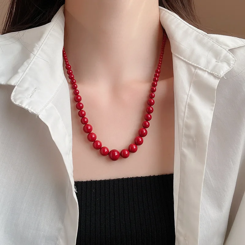 Minar INS Fashion Red Coloured Glaze Strand Beaded Necklace for Women Femme 18K Gold Plated Titanium Steel Sweater Chain Chokers