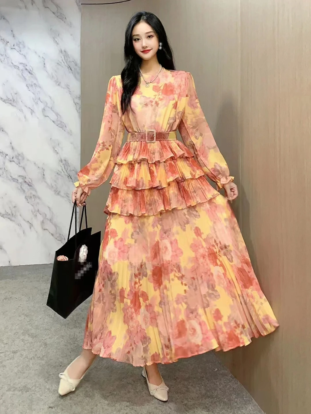 2024 New Spring Autumn Women Long Sleeve Belt Slim Long Dress High Quality Sweet Pleated Cake Big Hem Floral Dress 6 Colors