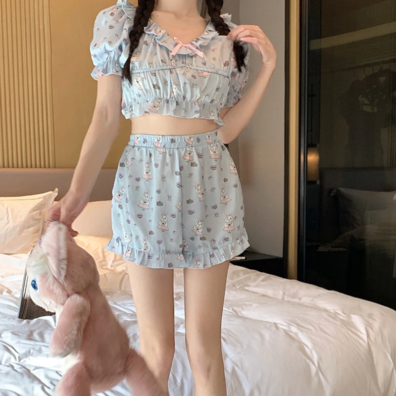 Summer Cute Pajama Mujer Bunny Print Sleepwear Set Cute Short Sleeve Top+Shorts Ruffle Homewear Home Wear Princess Pyjamas Suit