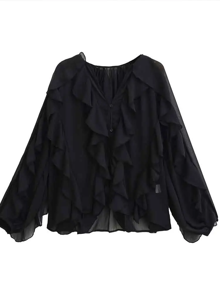 

New women's clothing European and American style French fashion versatile design layered decoration black shirt