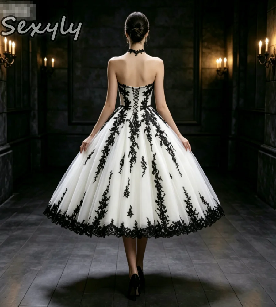Sexy 1950s Tea Length Gothic Wedding Dress A Line Sweetheart Tulle Black Lace Beach Bridal Gowns Vintage Celtic Bohemian Garden