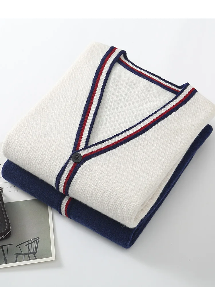 Autumn Winter 100% Pure Wool Cardigan Men's V-neck Contrasting Color Simple Casual Business Loose Staple Knitted Sweater Jacket