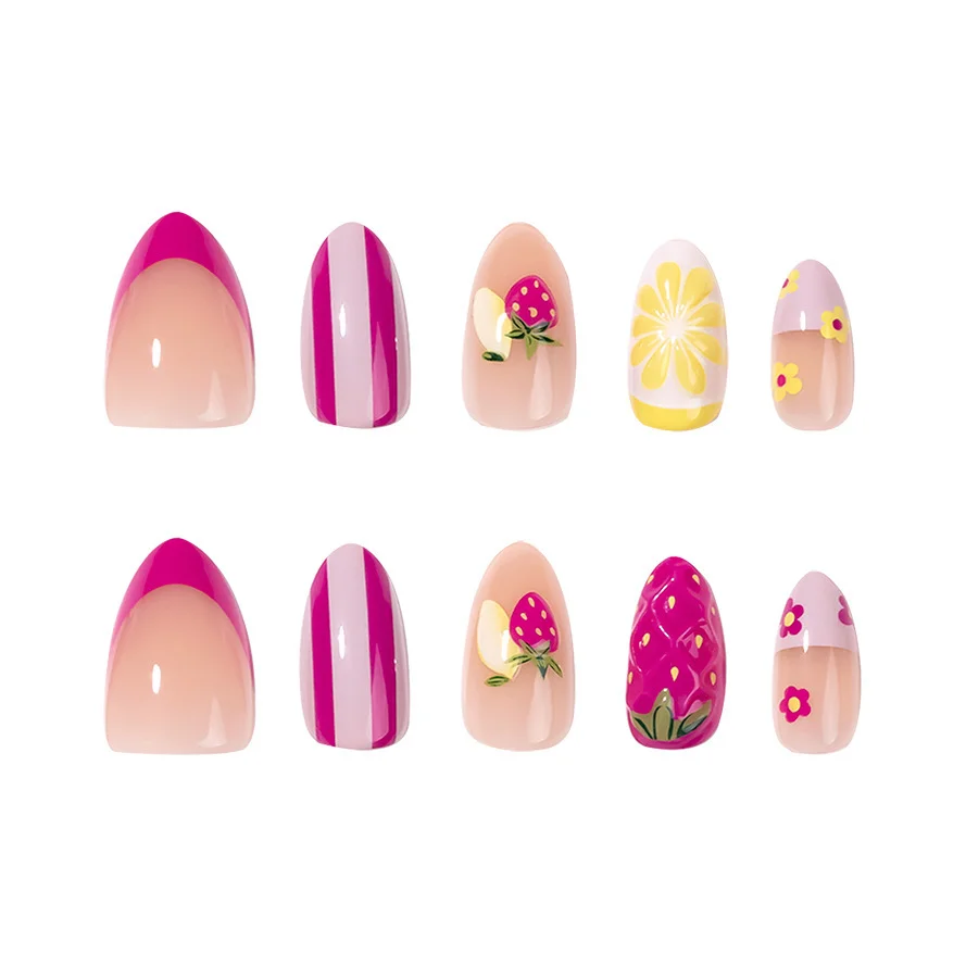 

Summer Fresh 3D Strawberry Wearable Nail Tips Short Almond Nail Stripes Fake Nails Easy to Wear Non-toxic Nail Art Decorations