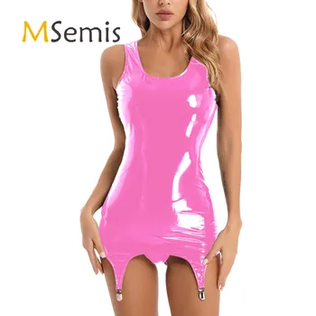 Vestido feminino sem mangas de látex, look molhado Rave Clubwear, bodycon sexy, mini vestido com clipes de metal, traje de couro envernizado