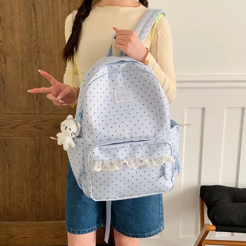 Stylish Sweet Polka Dot Backpacks Multi-Pockets Soft Nylon Schoolbag Lightweight Preppy Knapsack Ready for Girls School Starts