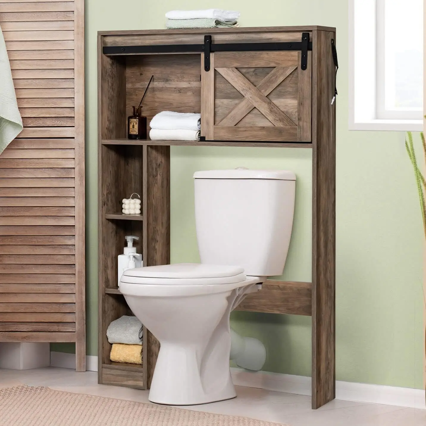 

**/Over The Toilet Storage Cabinet, Freestanding Bathroom Organizer With Sliding Barn Door & Shelves, Multifunctional Rack