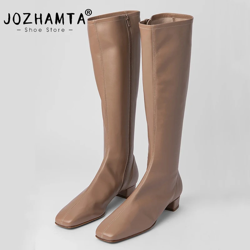 JOZHAMTA Size 33-41 Women Knee High Boots Genuine Leather Chunky Heels Shoes Woman Winter 2023 Luxury Brand Zipper Long Boots