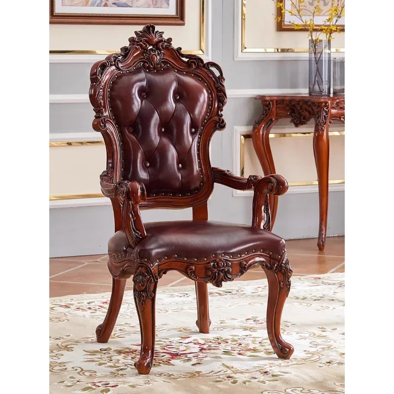 European dining chair American retro rubber wood sedentary comfortable chair solid wood leather high back negotiation chair armr