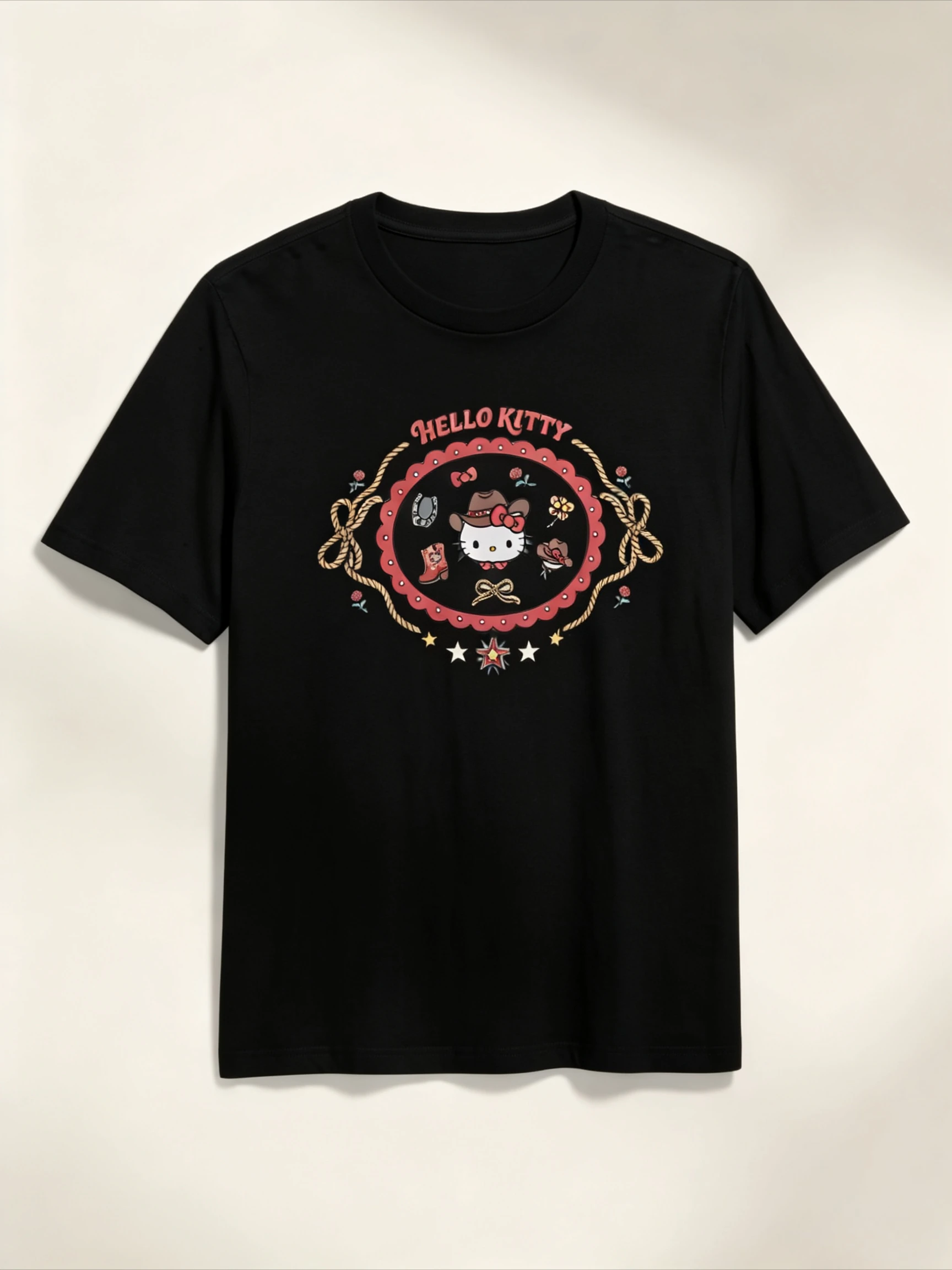 Hello Kitty Western T-Shirt Cowgirl Hat Rope Boots Cute Graphic Print Cotton Men Women Kids Casual Tee High-quality Streetwear