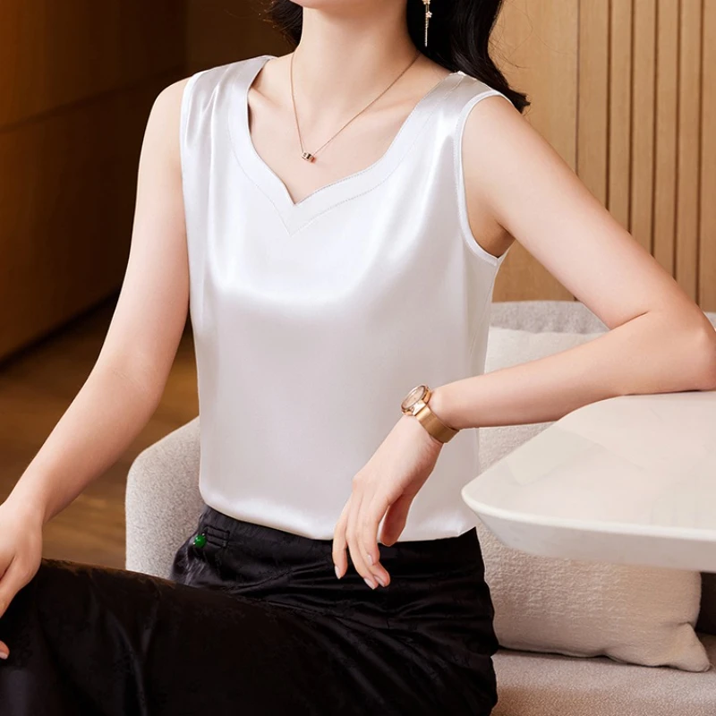 2025 New Women's Vest Mesh Elegant V-Neck Blouse Lace Spliced Sleeveless Women Clothing Solid Summer Fashion Satin Ladies Tops