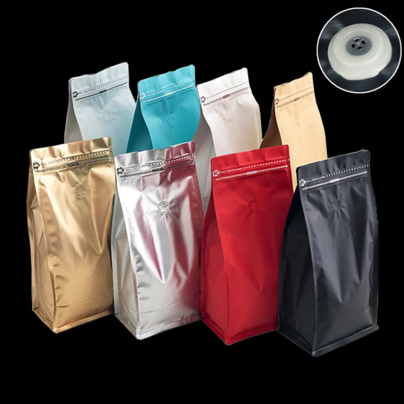 50 Uds. Bolsas de café autoportantes de ocho lados, bolsa con cremallera de papel de aluminio para aperitivos y frutas secas, embalaje de alimentos en grano de café, bolsa con válvula unidireccional