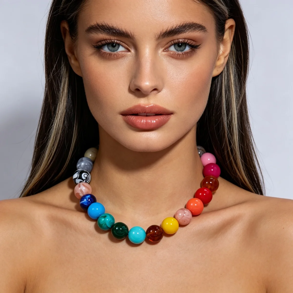 Modische bunte Acryl-Halskette mit großen runden Perlen für Damen und Herren, böhmische blaue braune Harzperlen, Choker, Y2K-Ästhetik-Schmuck – Detail 8