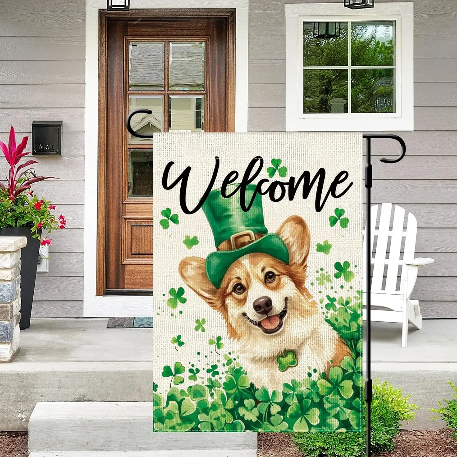 DLZDN Welcome St Patricks Day Dog Garden Flag Shamrocks Clovers Corgi Garden Flag 12×18 Inch Double Sided Vertical Burlap Fa EEZ